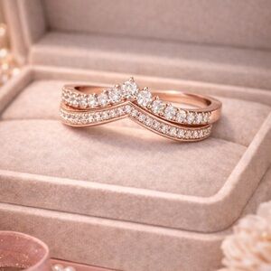 Size 7 Elegant Rose Gold Diamond Ring Set NEW